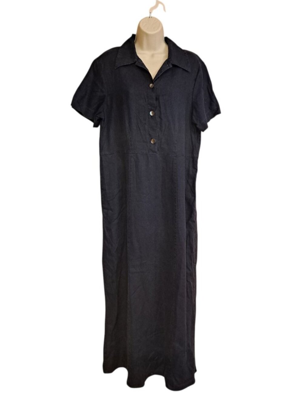 Eddie Bauer 100% Linen Maxi Shirt Dress L Navy Blue Modest Cottagecore 90s Vtg